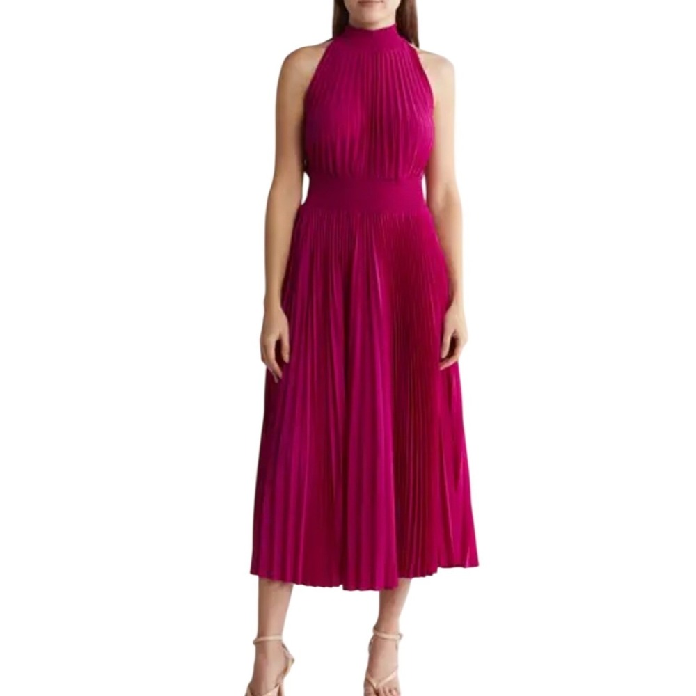 Nanette Lepore Bali Orchid Pleated Mock Neck Smocked Waist Midi Dress‎ Womens 2